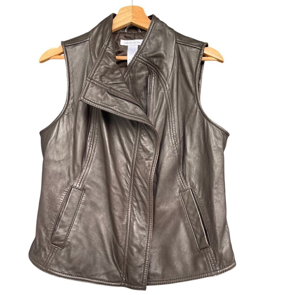 Liz Claiborne Womens Leather Vest Sz M Brown Asymmetrical Zip Moto Office City